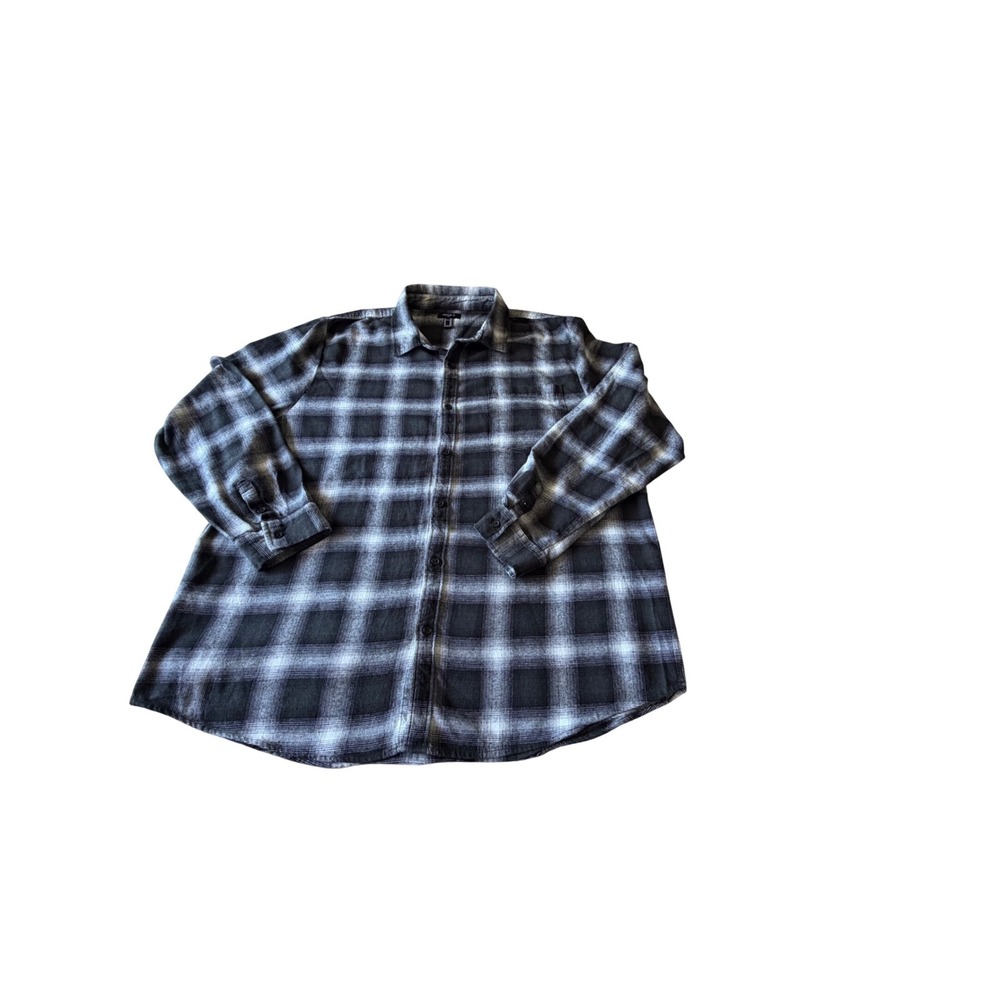 Forever 21 Men XXL Black‎ Grey White Plaid Flannel Long Sleeve Button Down Shirt